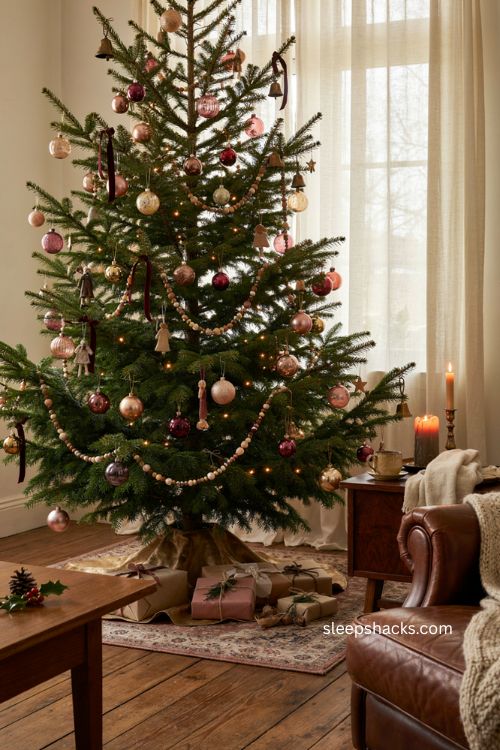 Beaded garland on a Christmas tree with wood glass and pearl beads 
