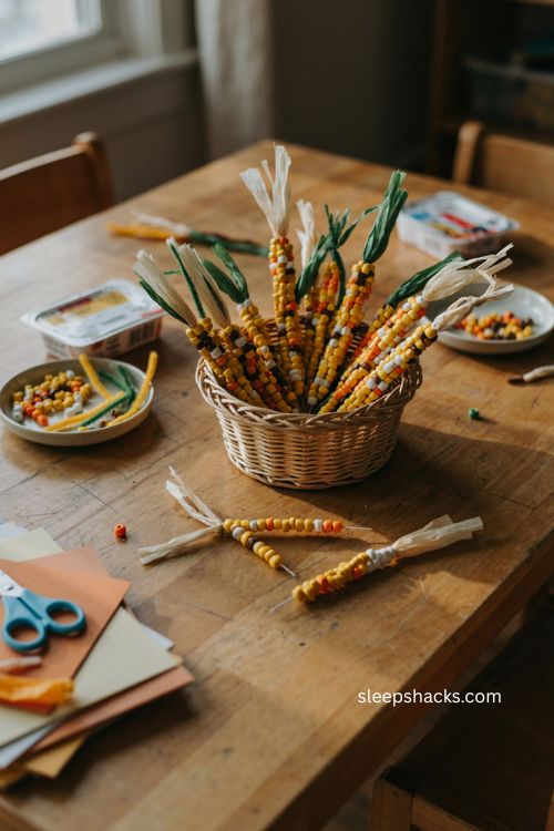 Beaded pipe cleaner corn craft for toddlers Thanksgiving daycare activity 