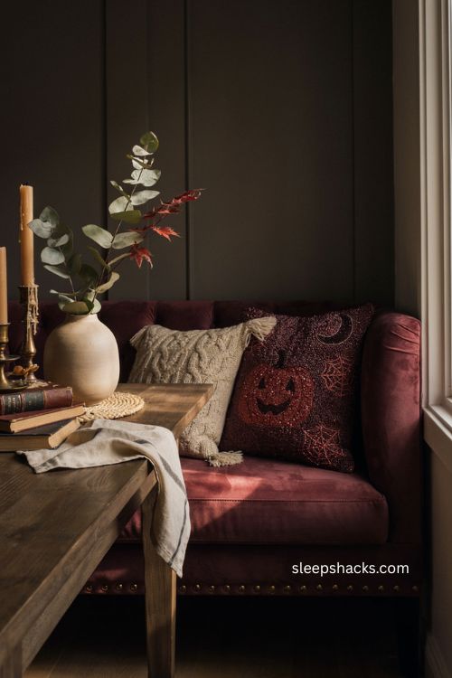 Beaded velvet Halloween pillow with textured cushions in a polished dining nook