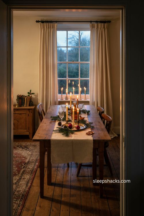 Beautiful christmas candlelight decor with pillar candles evergreen and warm dining room 
