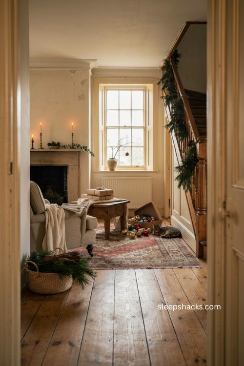 Beautiful christmas cozy home decor with pine garland vintage accents and warm festive living room 