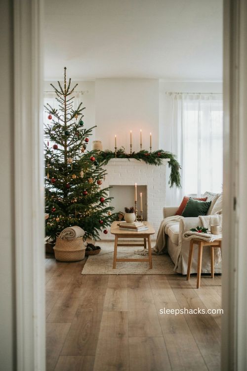 Beautiful christmas decor in a neutral living room with cream sofa evergreen red and gold accents 