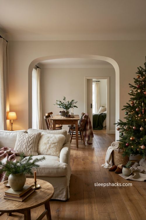Beautiful christmas decor with chunky knit pillows faux fur wool blankets and plaid throws 