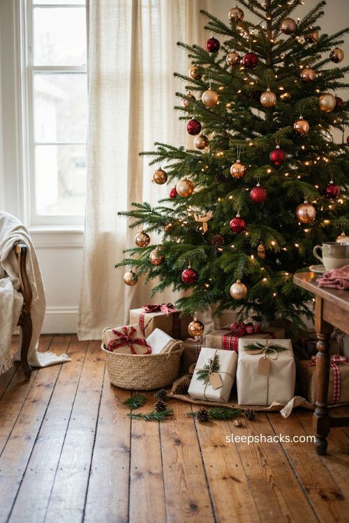 Beautiful christmas gifts wrapped in kraft paper red plaid ribbon and fresh greenery 