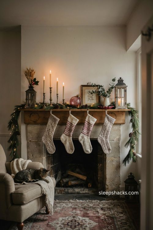 Beautiful christmas mantel with evergreen garland stockings candles and vintage ornaments 