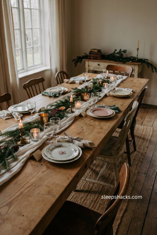 Beautiful christmas table setting with greenery mismatched candles linen napkins and vintage decor 