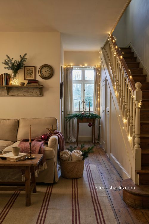 Beautiful christmas twinkle lights on staircase windows and shelves with warm white glow 