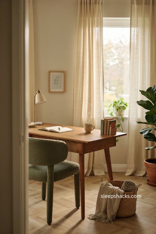 Beautiful home office with desk beside window sheer curtains and natural light