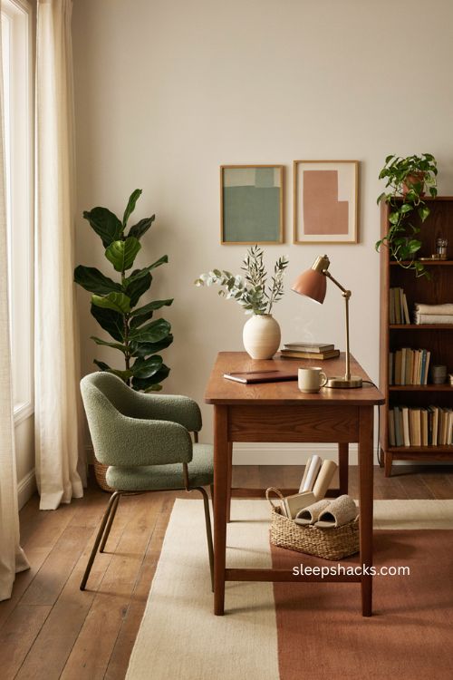 Beautiful home office with warm wood desk cozy lighting and thoughtful decor