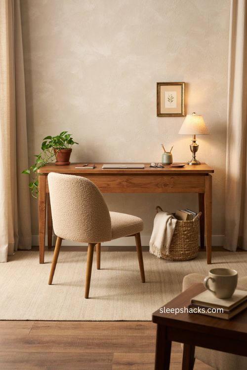 Beautiful home office with warm wood desk matching chair and thoughtful decor