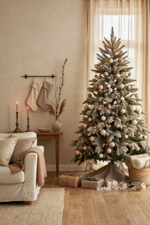 Beige Christmas tree ideas with neutral ornaments and cozy elegant holiday decor