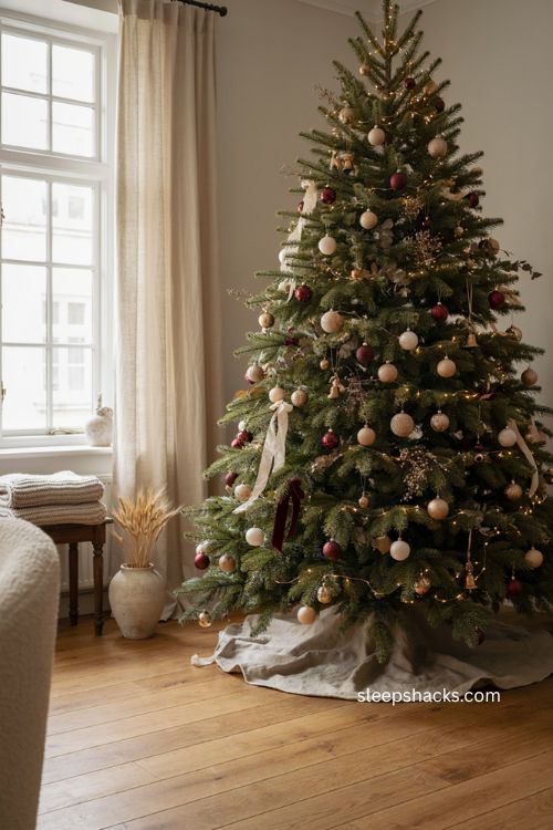 Beige Christmas tree with burgundy ornaments and elegant traditional holiday decor