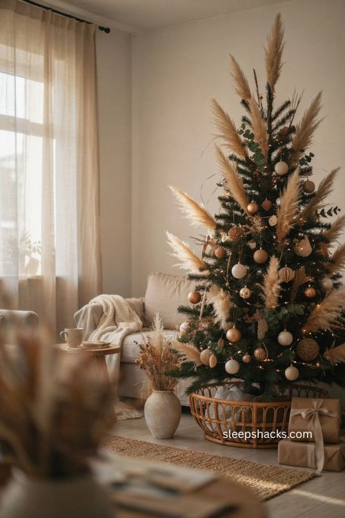 Beige Christmas tree with dried pampas grass eucalyptus and natural boho holiday decor