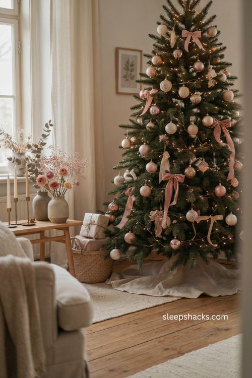 Beige Christmas tree with dusty pink ornaments and romantic neutral holiday decor