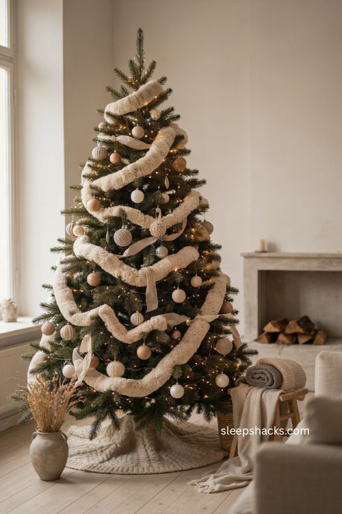 Beige Christmas tree with faux fur ribbon and cozy sherpa holiday decor