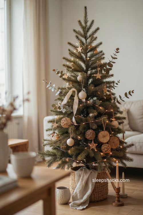 Beige Christmas tree with natural wood and rattan ornaments for earthy holiday decor