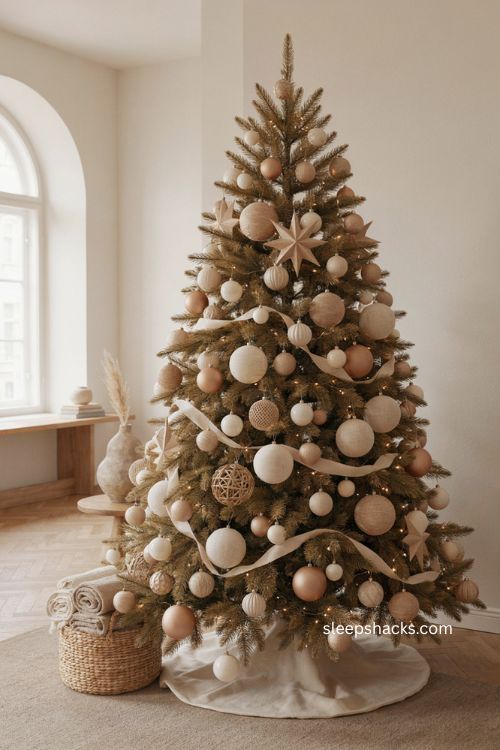 Beige Christmas tree with oversized cream ornaments and elegant neutral holiday decor