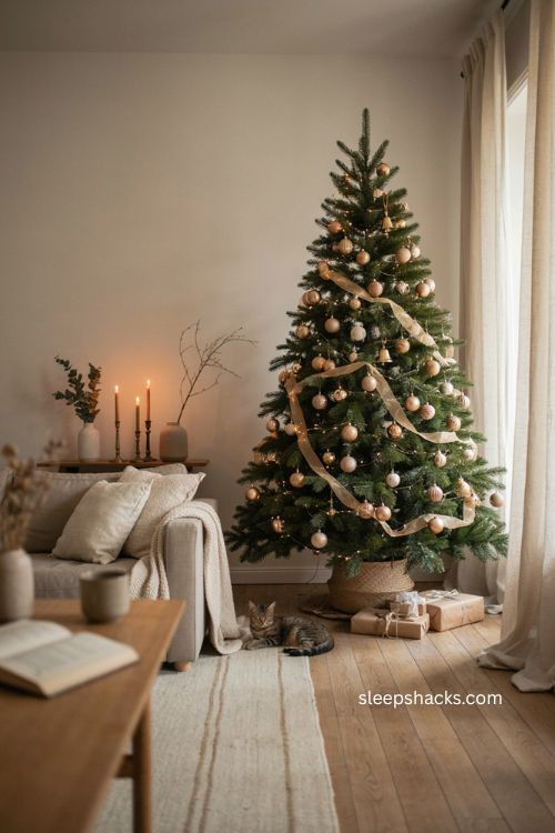 Beige Christmas tree with warm gold ornaments and elegant neutral holiday decor