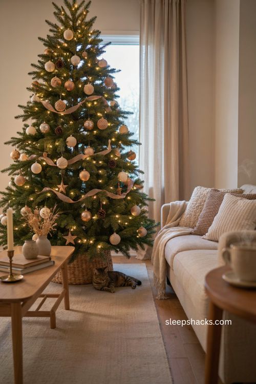 Beige Christmas tree with warm white lights and cozy neutral holiday decor