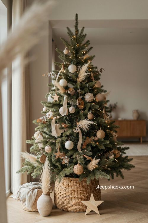 Beige Christmas tree with woven rattan basket collar and natural holiday decor
