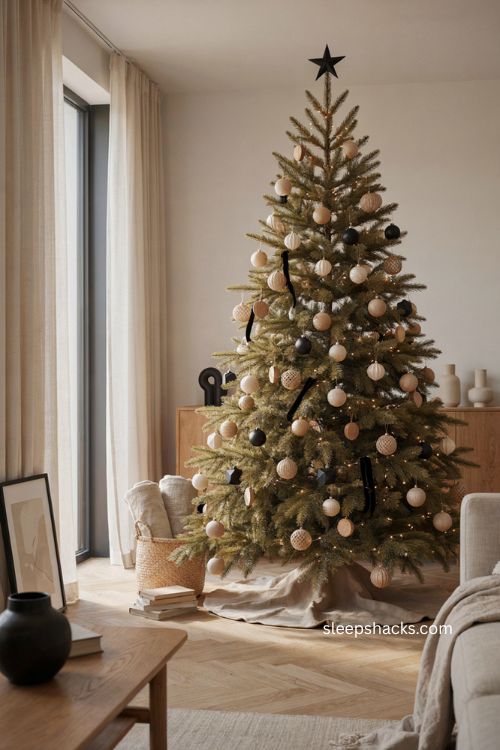 Beige and black Christmas tree with modern neutral ornaments and chic holiday decor