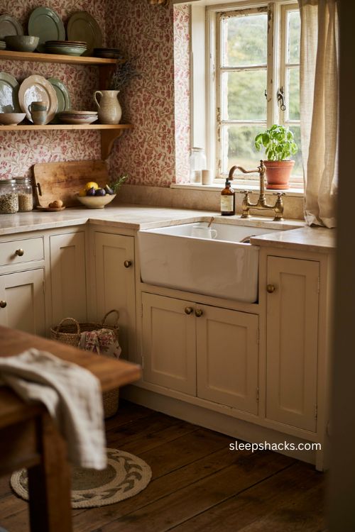 Beige and cream farmhouse kitchen with apron sink woven textures and fresh produce 