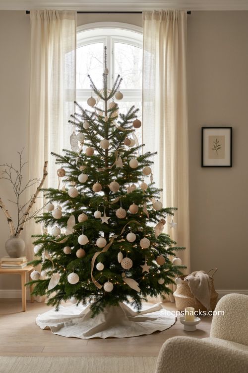 Beige and white Christmas tree with Scandinavian neutral holiday decor