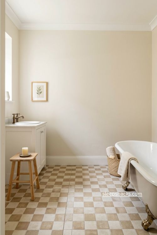 Beige and white bathroom with classic checkerboard tile