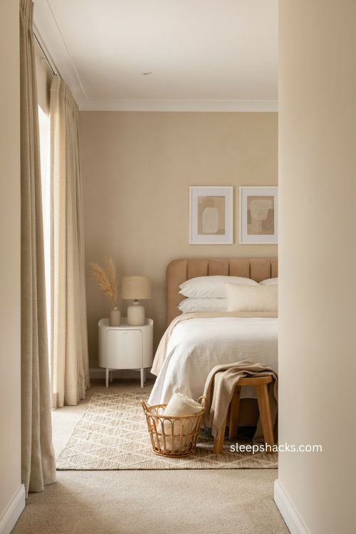 Beige and white bedroom with crisp bedding curved headboard and geometric rug 