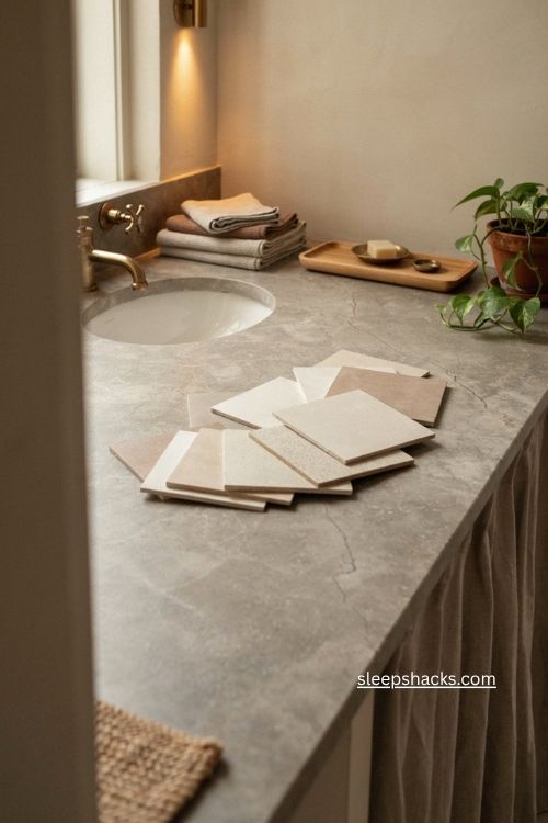 Beige bathroom undertones with warm ivory taupe tile samples