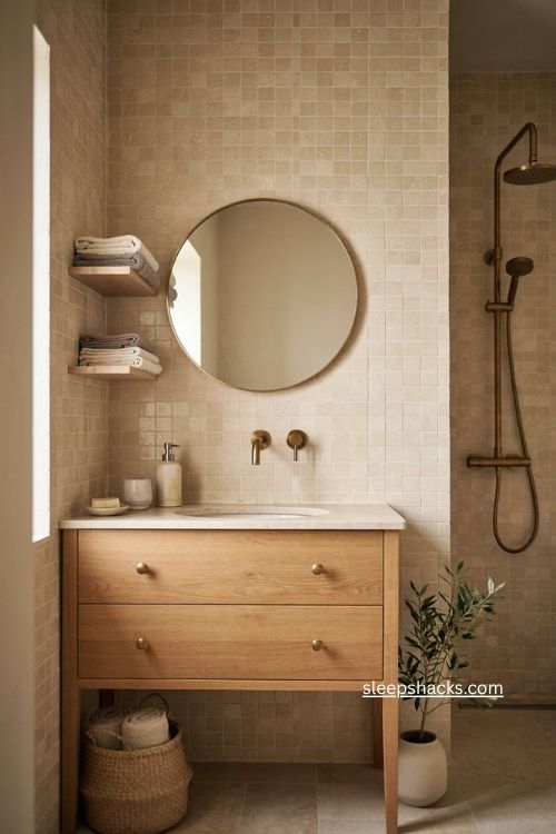 Beige bathroom with brushed brass fixtures and warm timeless details