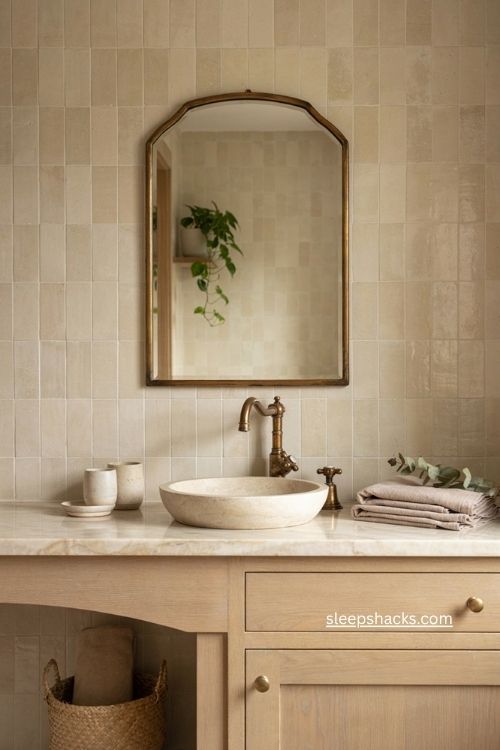 Beige bathroom with layered tile marble and textured natural materials