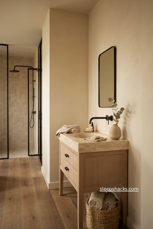 Beige bathroom with matte black fixtures and warm neutral decor