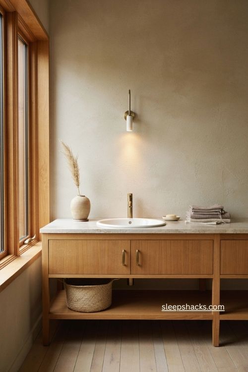 Beige bathroom with natural oak wood vanity and stone countertop