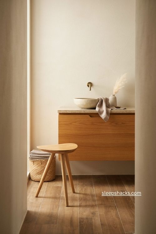 Beige bathroom with natural wood vanity and Japandi style