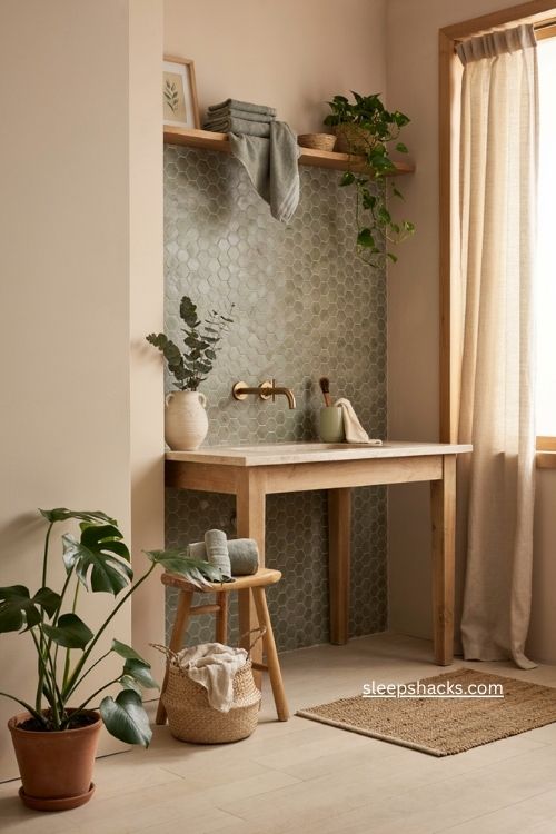 Beige bathroom with sage green accents and calming natural decor