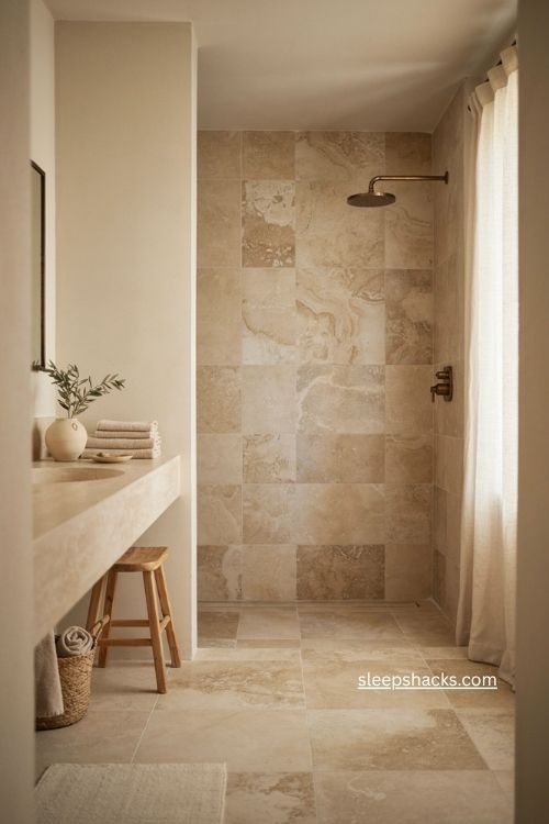 Beige bathroom with travertine look tile and natural stone texture
