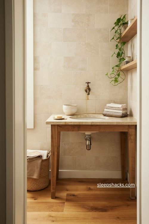 Beige bathroom with warm timeless tile and aged brass details