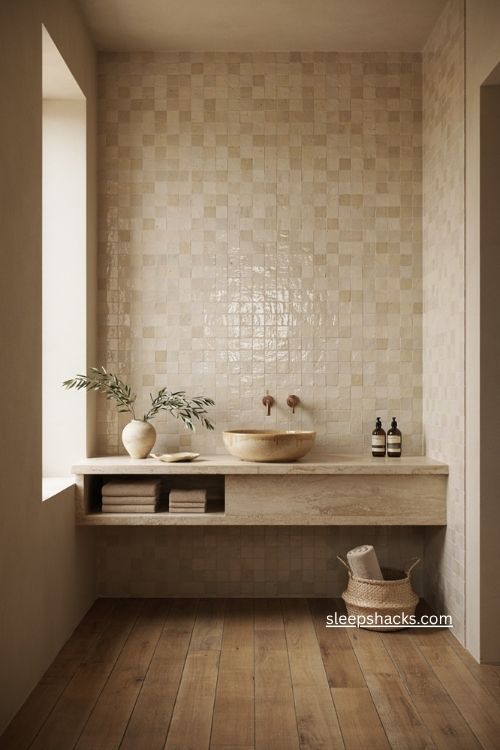 Beige bathroom with zellige tile accent and warm brass details