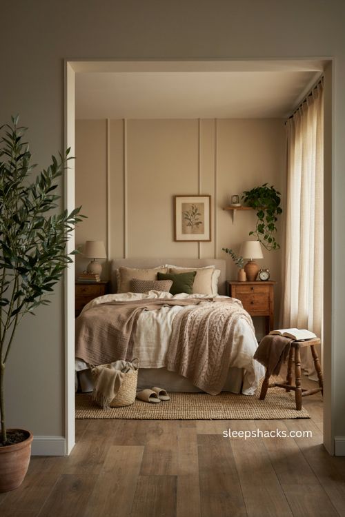 Beige bedroom ideas with layered bedding woven textures and deep green accents 