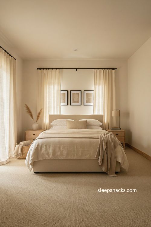 Beige bedroom with black accents white bedding pale wood and modern neutral decor 