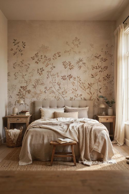 Beige bedroom with botanical wallpaper accent wall ivory bedding and natural textures 