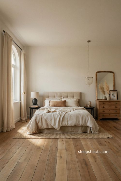 Beige bedroom with brass and black accents gold mirror tufted headboard and soft lighting 