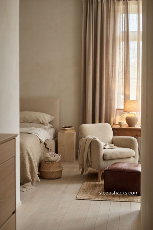 Beige bedroom with cozy sitting corner accent chair chocolate ottoman and reading lamp 