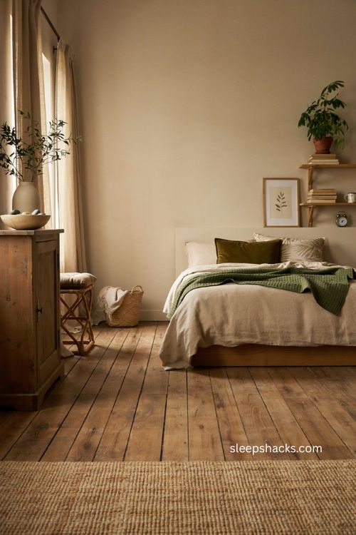 Beige bedroom with deep green pillows olive quilt and leafy natural accents 
