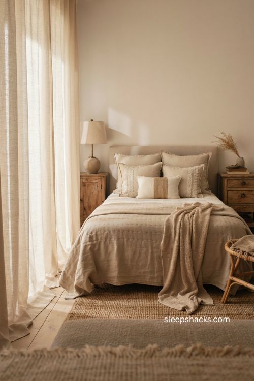 Beige bedroom with layered cotton bedding chunky knit throw linen pillows and jute textures 