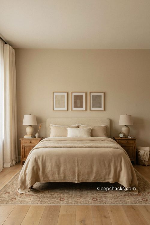 Beige bedroom with matching beige walls layered linen bedding and woven textures 