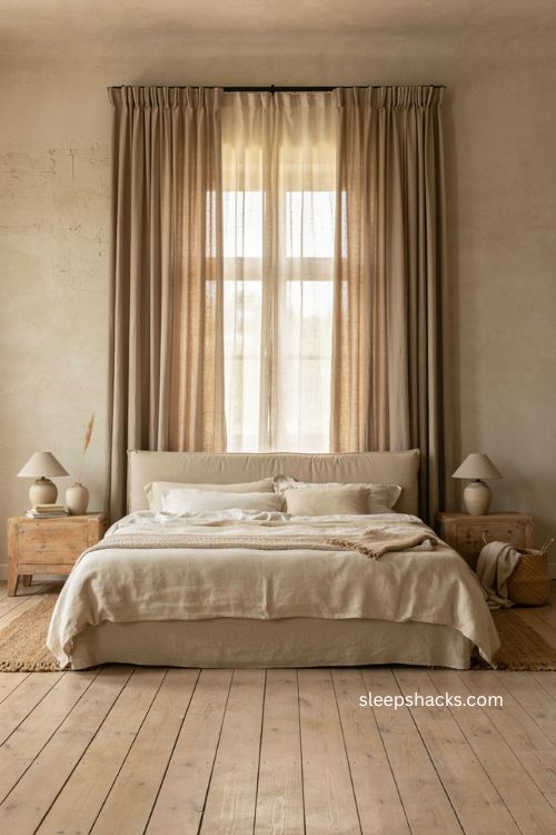 Beige bedroom with matching taupe curtains layered bedding and floor length linen panels 