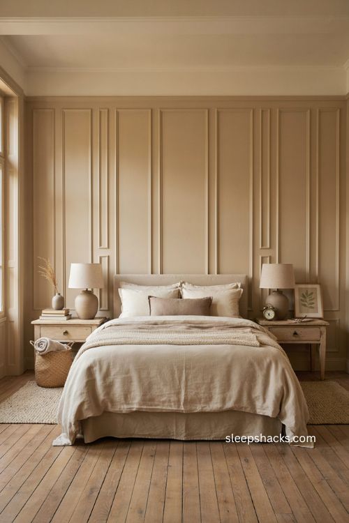 Beige bedroom with picture frame molding paneled wall and layered neutral bedding 