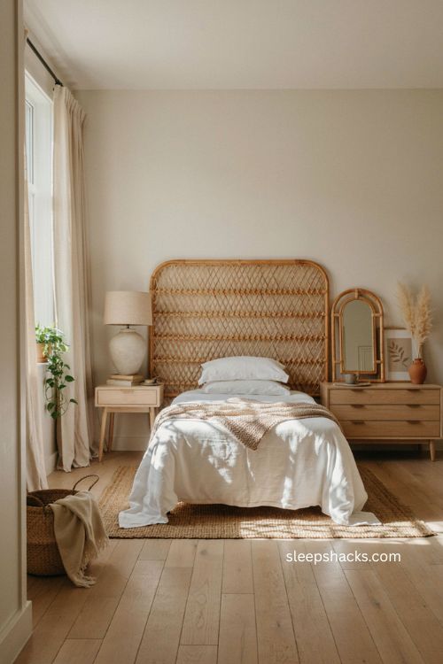 Beige bedroom with rattan headboard white linen bedding woven basket and natural textures 